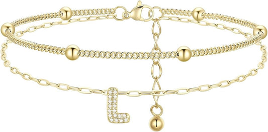 FindChic Silver/14K Gold Plated Layered CZ Initial Ankle Bracelet for Women | Waterproof Stainless Steel, Cubic Zirconia Letter Charm, Non-Tarnish, Hypoallergenic, Adjustable Extender, Summer Jewelry