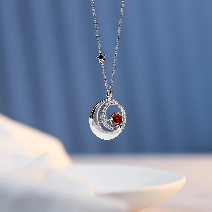 FANCIME Birthstone Necklaces 925 Sterling Silver Moon and Star Pendant Fine Jewelry Birthday Mothers Day Gifts for Mom Wife Her Daughter, Adjustable Chain 16+2"