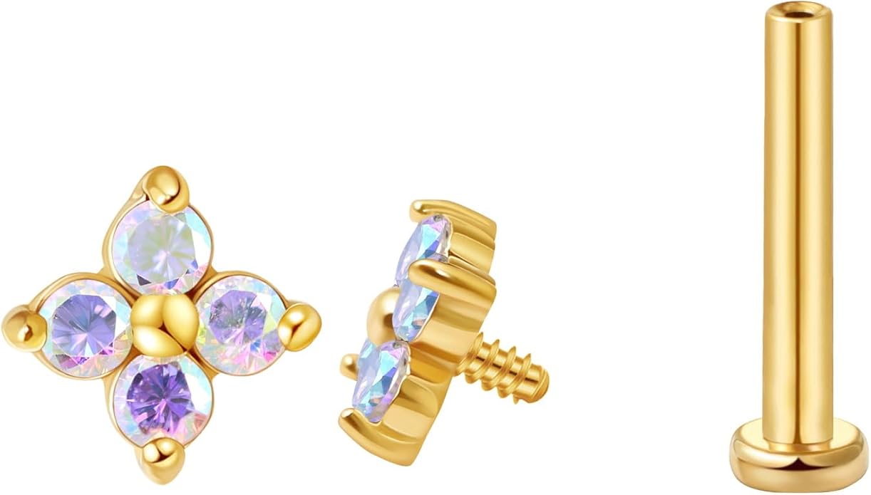 FANSING CZ Flower Internally Threaded Flat Back Earring Labret Stud for Cartilage Tragus Helix Conch