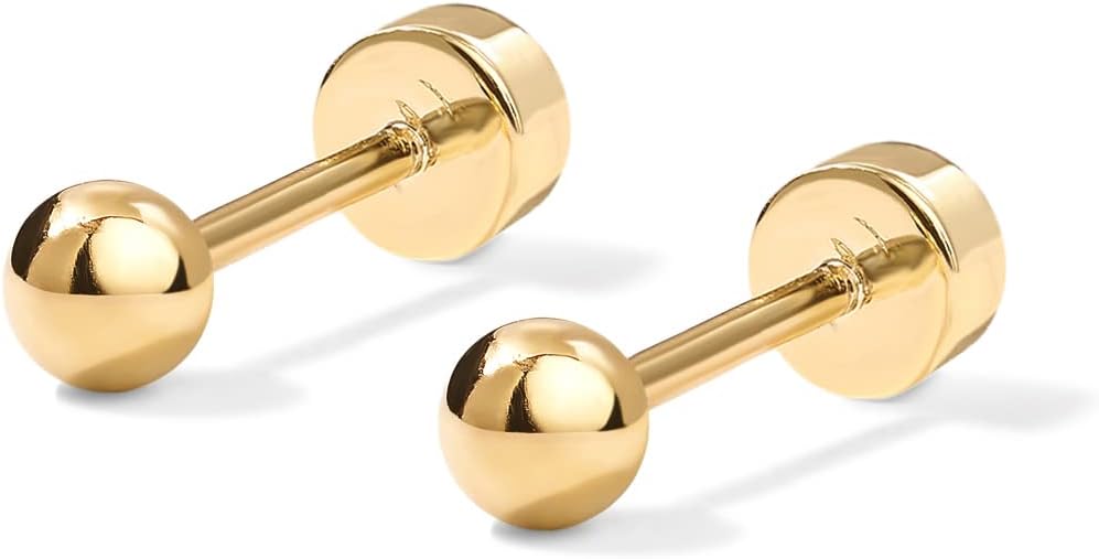 PAVOI 14K Gold Plated Solid 925 Sterling Silver Posts Dainty Ball Stud Flatback Earrings for Women - Cartilage Helix Piercing Jewelry - Small Screwbacks Stud Earrings for Women