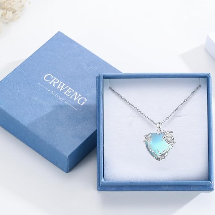 Sea Turtle/Seaweed Necklace for Women 925 Sterling Silver Heart of the Ocean Moonstone Pendant Necklace Turtle Moonstone Jewelry Gift for Wife Mom
