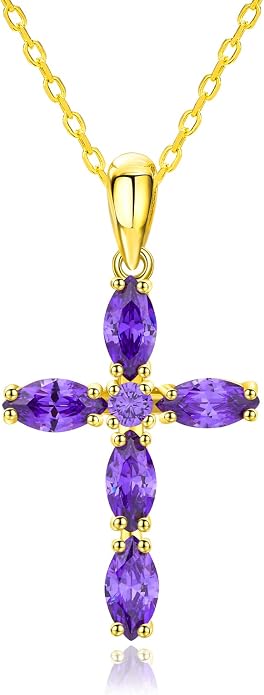 14K Gold Plated 925 Sterling Silver Birthstone Cross Necklace for Women Men