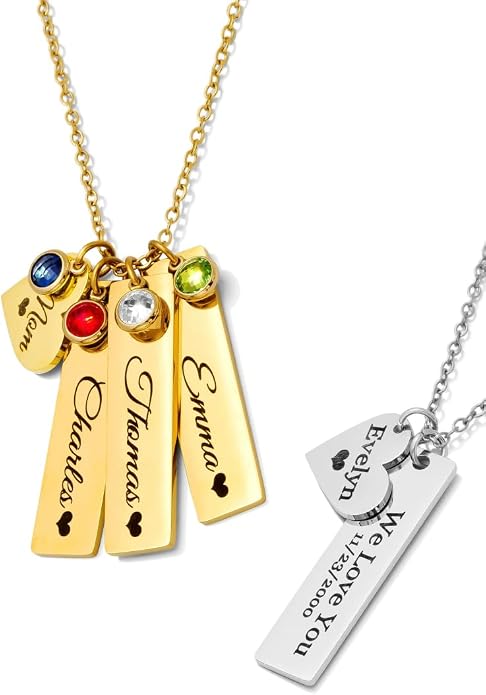 Custom Engraved 3D Vertical Pillar Bar Necklace – Personalized Name Pendant – 1 to 4 Sides – Non-Tarnish Stainless Steel – Gold/Silver – Adjustable Chain – Gift for Her, Mom/Dad With Kids Names