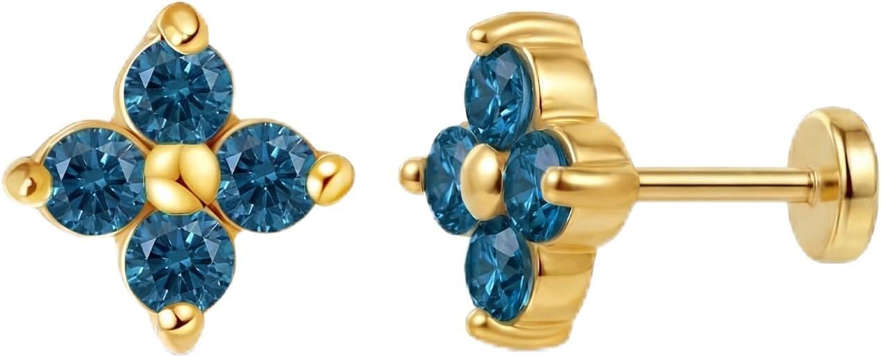 FANSING Short Threadless Cartilage Earring Stackable CZ Birthstone Flat Back Earrings for Women Small Stud Earrings for Tragus Helix Earlobe 18K Gold Plated ‌Rainbow 5.0mm