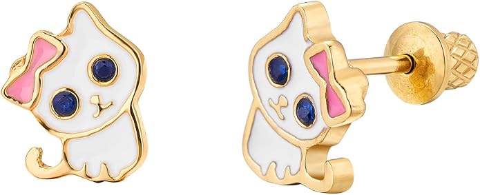 18k Gold Plated Screw Back Kitten Stud Hypoallergenic Earrings for Kids, Baby, Toddler, Little Girls with Surgical Steel Post for Ultra Sensitive Ears with Secure Safety Screwback