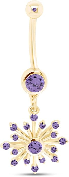AFFY Snowflake Belly Button Ring for Women Simulated Birthstone, Round Cut Gemstone in 14K Gold Over 925 Sterling Silver, Navel Barbell Piercing Jewelry for Her