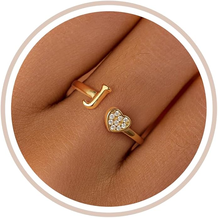 LOVECOM Initial Heart Rings for Women 925 Sterling Silver Gold Adjustable Letter Name Ring Non Tarnish Trendy Stuff Alphabet Letter CZ Stackable Ring Jewelry Gifts for Mom Daughter Sister