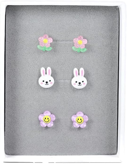 Metal Free Plastic Post Earrings Gift Set Pink Flower Bunny Purple Smiley Face Flower