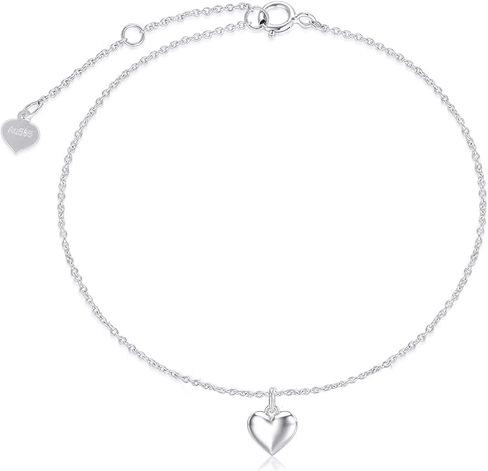 SISGEM Real 14k Gold Puff Heart Anklet for Women, Love Ankle Bracelet Foot Jewelry Gifts for Her, 9+1+1 Inch