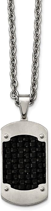 Solid Stainless Steel Men's Brushed Black Leather Dog tag Pendant Necklace Charm Chain - with Secure Lobster Lock Clasp 24"