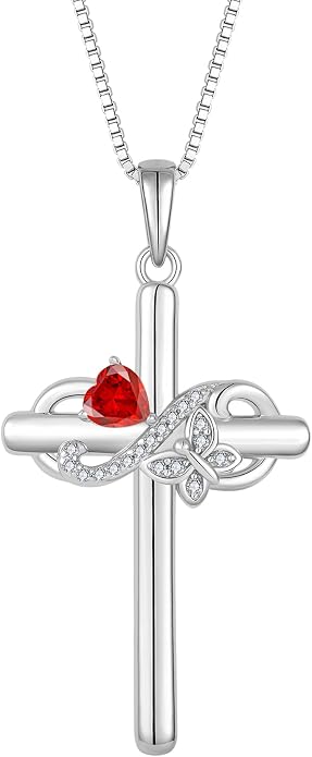Infinity Butterfly Cross Necklace for Women 925 Sterling Silver Christian Religious Crucifix Pendant Birthstone Jewelry Gifts for Her