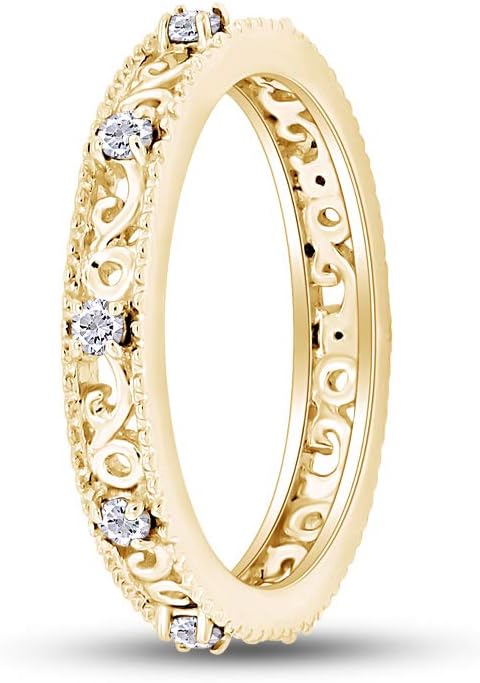 Jewel Zone US Filigree Eternity Wedding Band Ring for Women, Round Cut Simulated Gemstone Stackable Promise Ring in 14K Gold Plated 925 Sterling Silver Band Width 3.5mm – Elegant Jewelry for Her