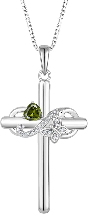 Infinity Butterfly Cross Necklace for Women 925 Sterling Silver Christian Religious Crucifix Pendant Birthstone Jewelry Gifts for Her