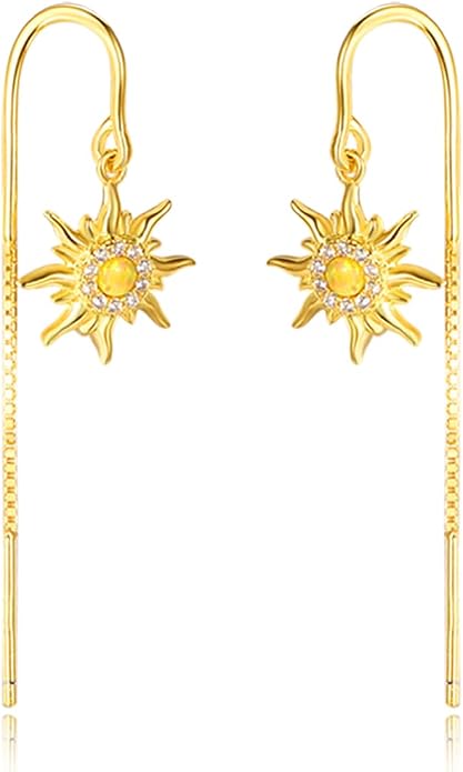 TANGPOET Sun Moon Star Threader Earrings for Women 925 Sterling Silver Synthetic Opal Long Chain Thread Earrings Hypoallergenic Celestial Jewelry Gifts for Birthday Mother's Day Christmas
