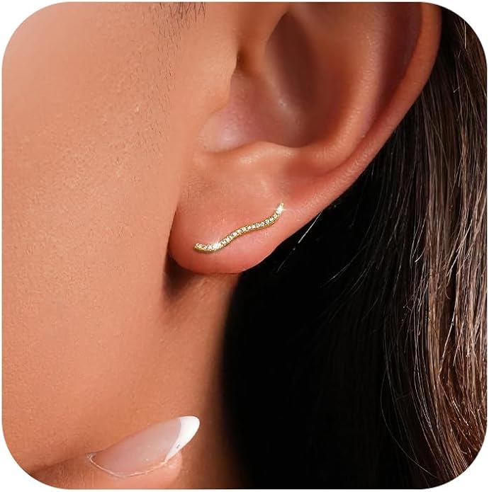 925 Sterling Silver Ocean Wave Crystals Ear Cuffs Climber Cartilage Earrings for Women, Dainty White CZ Trendy Earring Jewelry Hypoallergenic Fashion Earring Jewelry Gift for Birthday Wedding