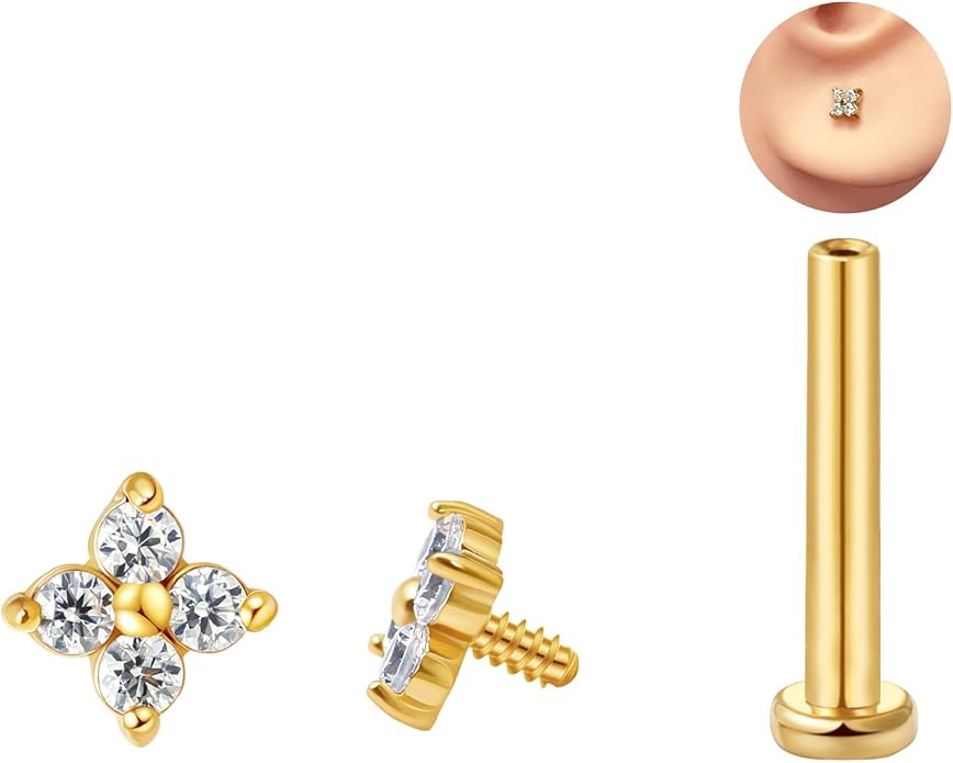 FANSING CZ Flower Internally Threaded Flat Back Earring Labret Stud for Cartilage Tragus Helix Conch