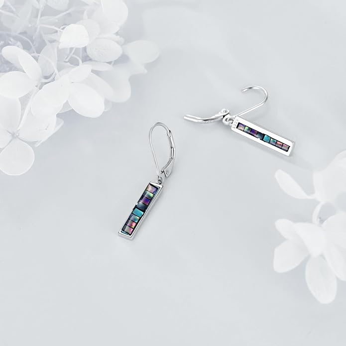 CRMAD Abalone Shell Bar Earrings for Women Sterling Silver Leverback Earrings Abalone Jewelry Gift