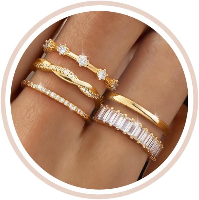 Stackable Silver/Gold Rings for Women Non Tarnish Trendy Dainty 14K Gold Plated Stacking Cubic Zirconia Thumb Ring Set Minimalist Promise Wedding Bands Engagement Rings for Women Size 6-10