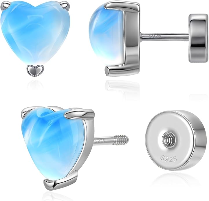 Heart Birthstone Flat Back Stud Earrings, 925 Sterling Silver 18K White Gold Plated, Poke-Free Comfortable Sleep Hypoallergenic Personalized Ear Piercing Jewelry, Mother's Day Birthday Gifts for Women