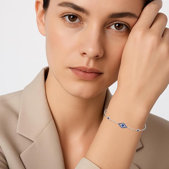 Blue Evil Eyes Link Bracelet, Evil Eye Earrings, S925 Sterling Silver Dainty Cubic Zirconia Adjustable Link Lobster Claw Clasp Chain Jewelry