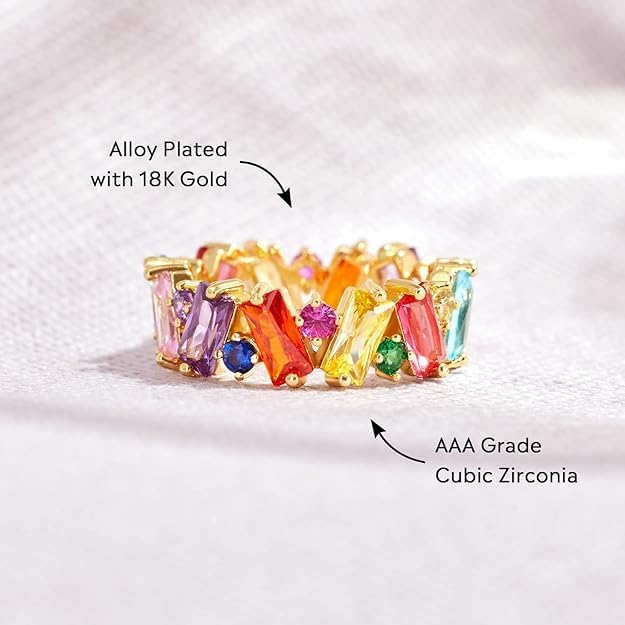 Cubic Zirconia Ring for Women, Emerald Cut Cubic Zirconia Eternity Ring, Fashion Wedding Band Style, Continuous Diamond Design