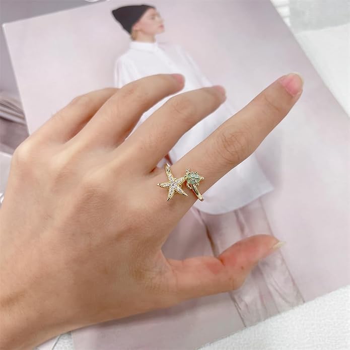 Dainty CZ Starfish Sea Turtle Open Adjustable Fidget Rings for Women Cute Crystal Sea Star Anxiety Spinner Statement Finger Band Rotating Animal Ring Comfort Fit Fashion Jewelry