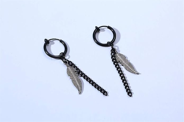 VNOX Unisex Vinatge Stainless Clip On Earrings Non Piercing Feather Charm Dangle Hinged Stud Earrings for Men Women Teen
