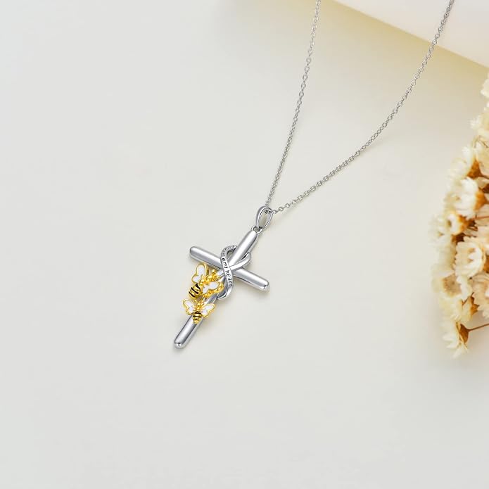 Cross Necklace for Women 925 Sterling Silver I Love You Necklace Religious Jewelry with Gift Box for Mother Daughter