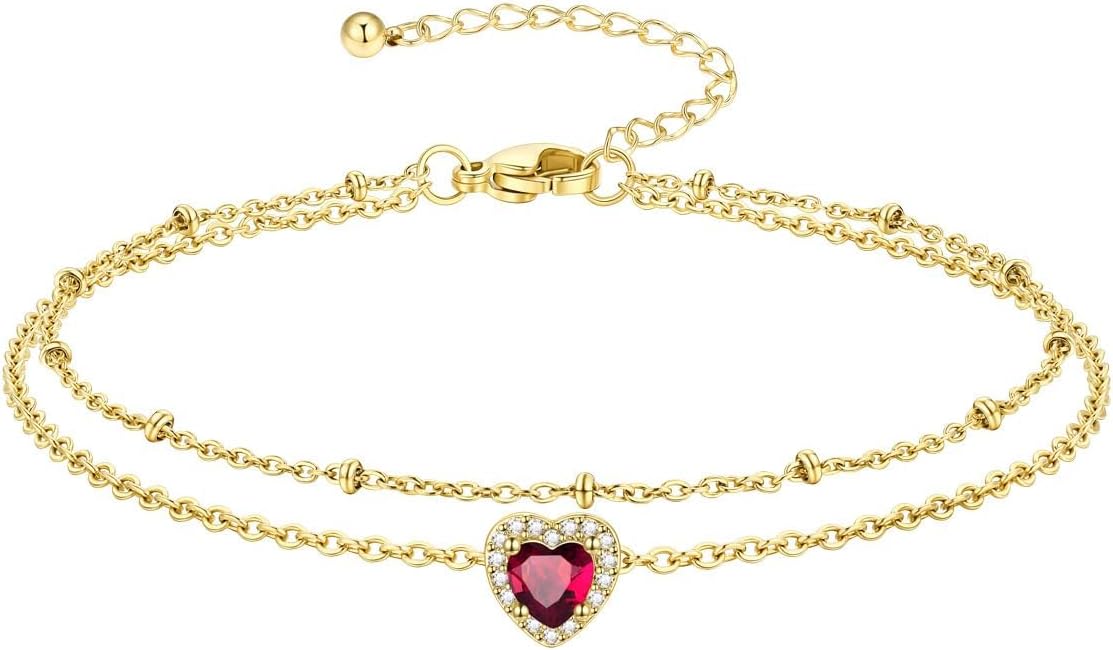 Richsteel Double Layer Heart/Butterfly Birthstone Anklet for Women Non Tarnish Waterproof, Silver/Gold/Black Stainless Steel 8.5-10.5 Inch Adjustable Chain Anklets Jewelry Gifts for Her