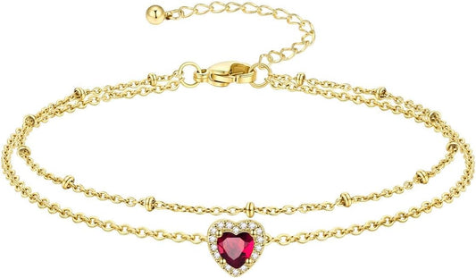 Richsteel Double Layer Heart/Butterfly Birthstone Anklet for Women Non Tarnish Waterproof, Silver/Gold/Black Stainless Steel 8.5-10.5 Inch Adjustable Chain Anklets Jewelry Gifts for Her