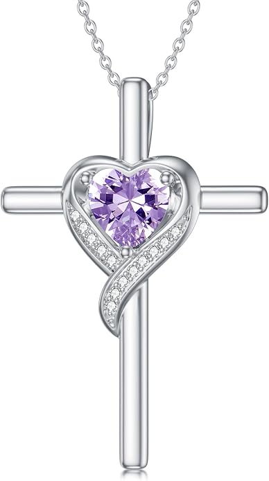 TOUPOP Birthstone Cross Necklace for Women 925 Sterling Silver Heart Cross Pendant Necklace Mothers Day Birthday Jewelry Gifts for Mom Wife Her