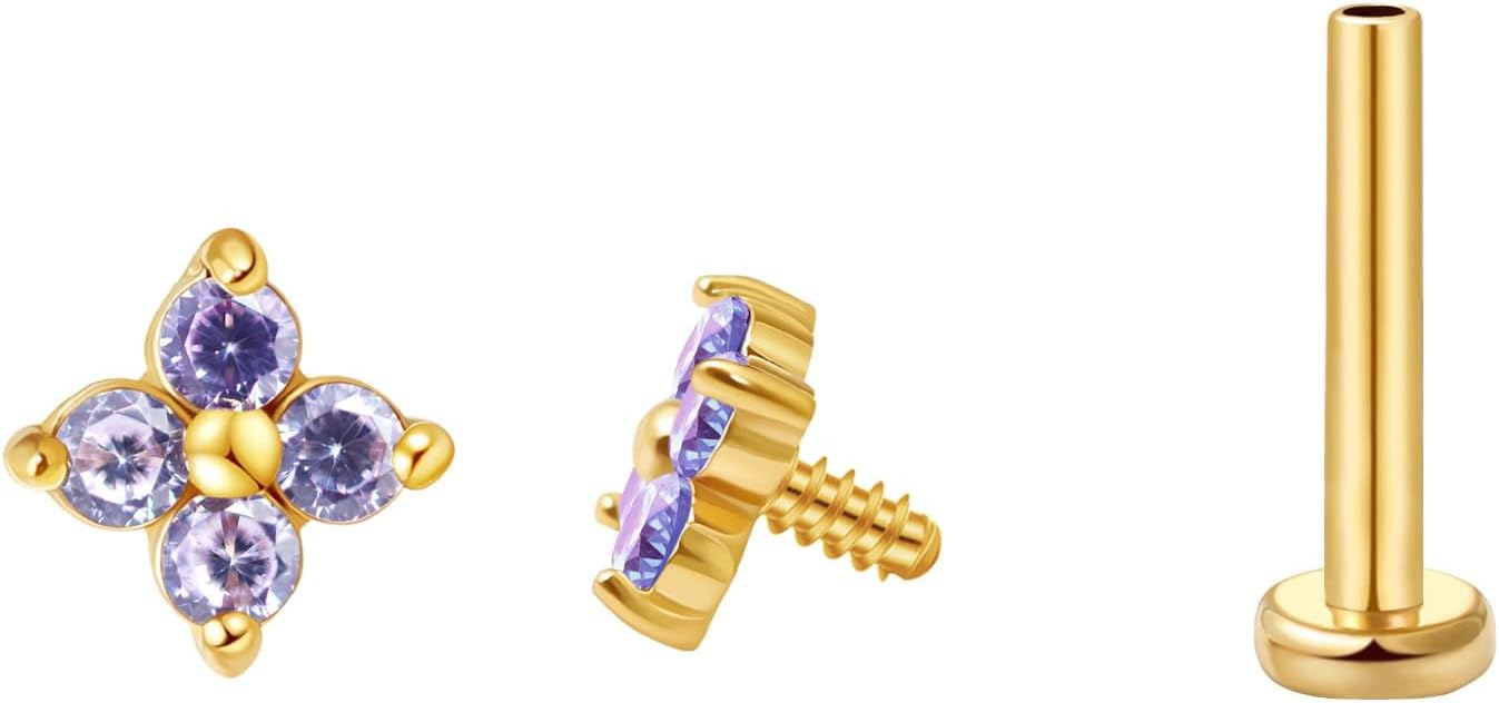 FANSING CZ Flower Internally Threaded Flat Back Earring Labret Stud for Cartilage Tragus Helix Conch