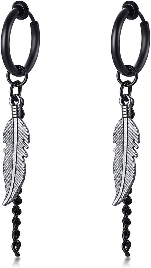 VNOX Unisex Vinatge Stainless Clip On Earrings Non Piercing Feather Charm Dangle Hinged Stud Earrings for Men Women Teen