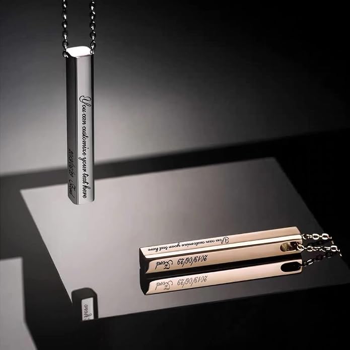 BellBlow- Personalized Bar Necklace Engraved with Name for Men Woman, Custom 3D Vertical Bar Pendant Name Chain Necklaces, 4sides Customizable Name Plate Necklace Jewelry Gift Boyfriend Girlfriend