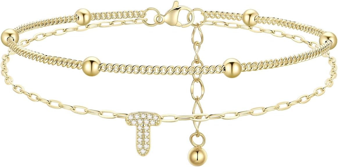 FindChic Silver/14K Gold Plated Layered CZ Initial Ankle Bracelet for Women | Waterproof Stainless Steel, Cubic Zirconia Letter Charm, Non-Tarnish, Hypoallergenic, Adjustable Extender, Summer Jewelry
