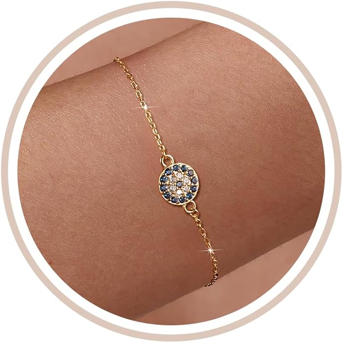 SUYACS Gold Evil Eye Bracelet for Women 925 Sterling Silver Small Blue Cubic Zirconia Eye Link Bracelet Tears of Angels Friendship Charm Chain Bracelet Birthday Jewelry Gifts to Daughter Friends