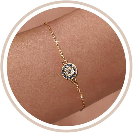 SUYACS Gold Evil Eye Bracelet for Women 925 Sterling Silver Small Blue Cubic Zirconia Eye Link Bracelet Tears of Angels Friendship Charm Chain Bracelet Birthday Jewelry Gifts to Daughter Friends