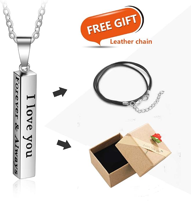 Love Jewelry Personalized Couple Stainless Steel Necklace Engraved Initial Name Vertical Bar Necklace Birthday Gift (Silver)