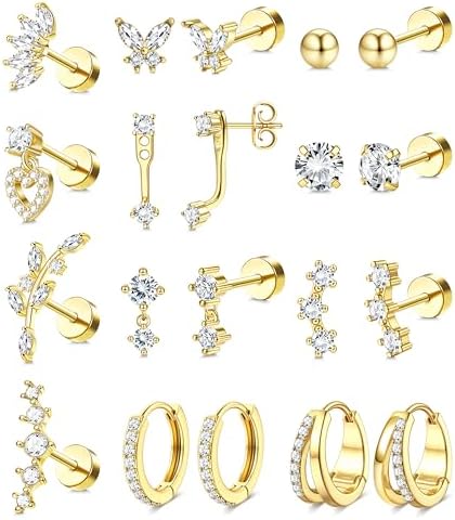 BESTEEL Hypoallergenic Flat Back Earrings for Women - 14K Gold Plated Surgical Stainless Steel Earring Stacks Set Small Stud & Hoop for Cartilage Helix Tragus Piercing Jewelry 20G