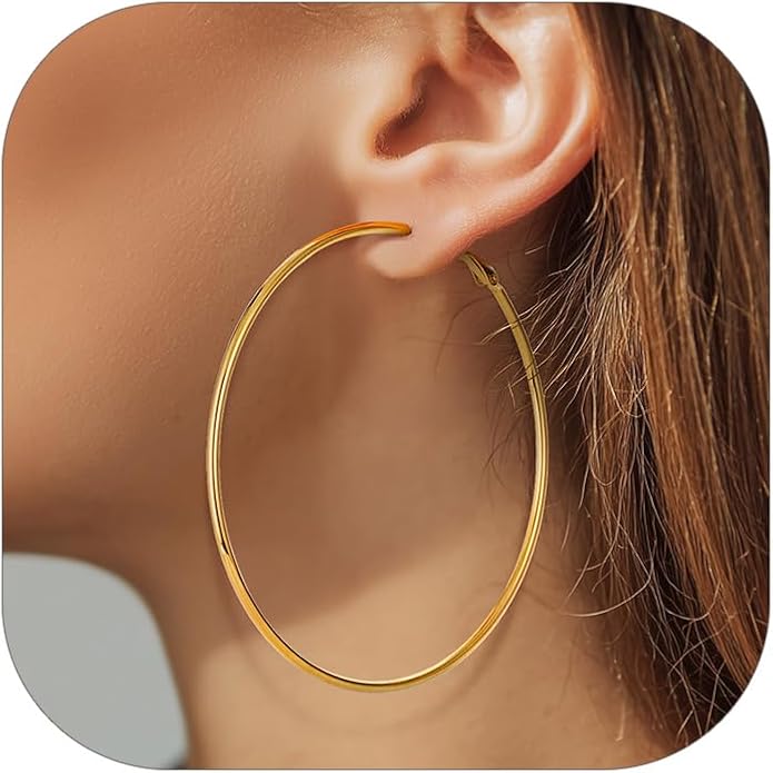 KeyStyle Gold Hoop Earrings for Women, Stainless Steel Hoops Earring Lightweight Loops, 2 mm Thick Hypoallergenic Circle Endless Thin Hoop (20/30/40/50/60/70/80/90/mm)