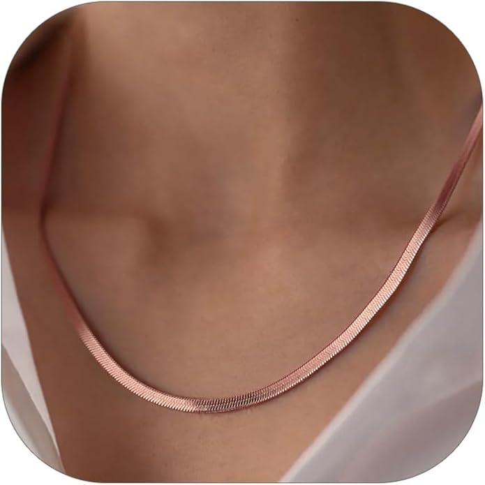 FindChic Black/14K Gold Plated Herringbone Choker Chain Necklace for Women | Waterproof Stainless Steel, Dainty Layering, Flat Snake Chain, Non-Tarnish, Hypoallergenic, Adjustable Extender, Gift Box