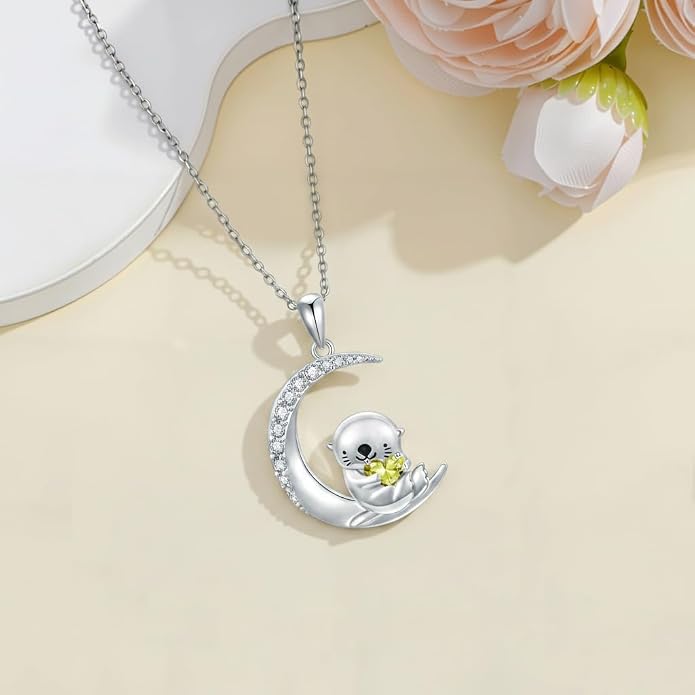 PROESS Animal Birthstone Necklace 925 Sterling Silver Otter/Axolotl/Hippo/Elephant/Dachshund/Monkey/Red Panda Pendant Necklace Animal Birthstone Jewelry Gifts for Women