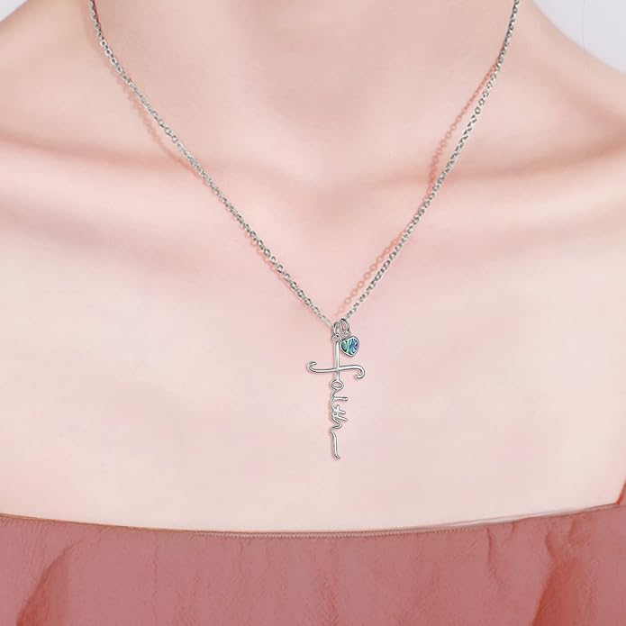 Faith Cross Necklace For Women Birthstone Sterling Silver with Simulated Birthstone Cross Jewelry Christian Gifts