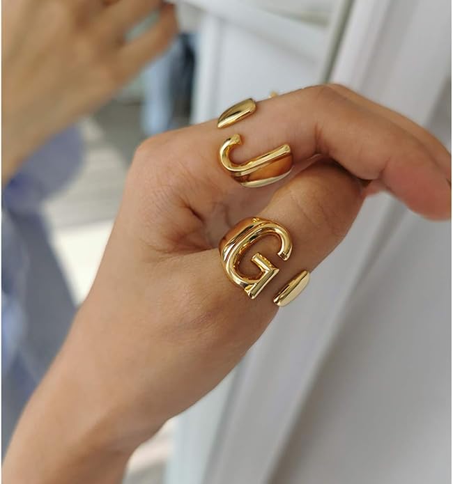 KeyStyle Bold Initial Letter Rings Adjustable, GoldChic Jewelry Women Gold Statement Ring Personalized Engraved Women’s Open Signet Ring for Party (Gold, White Gold, Black)