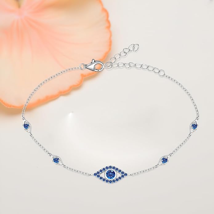 Blue Evil Eyes Link Bracelet, Evil Eye Earrings, S925 Sterling Silver Dainty Cubic Zirconia Adjustable Link Lobster Claw Clasp Chain Jewelry