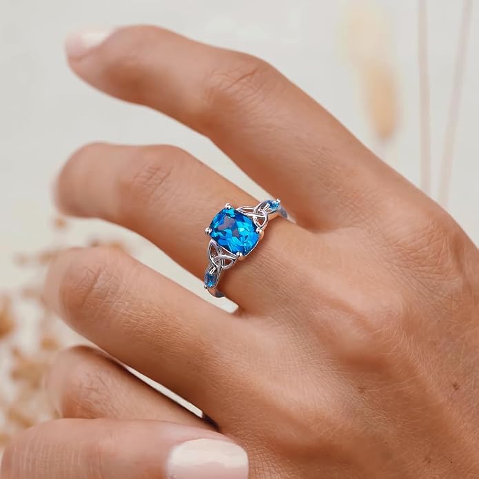 925 Sterling Silver Birthstone Rings for Women Cushion Cut Engagement Celtic Knot Ring Irish Jewelry Created Gemstone Anniversary Rings Size 6-10(with Box)
