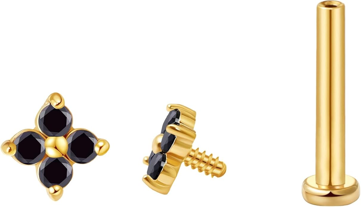 FANSING CZ Flower Internally Threaded Flat Back Earring Labret Stud for Cartilage Tragus Helix Conch