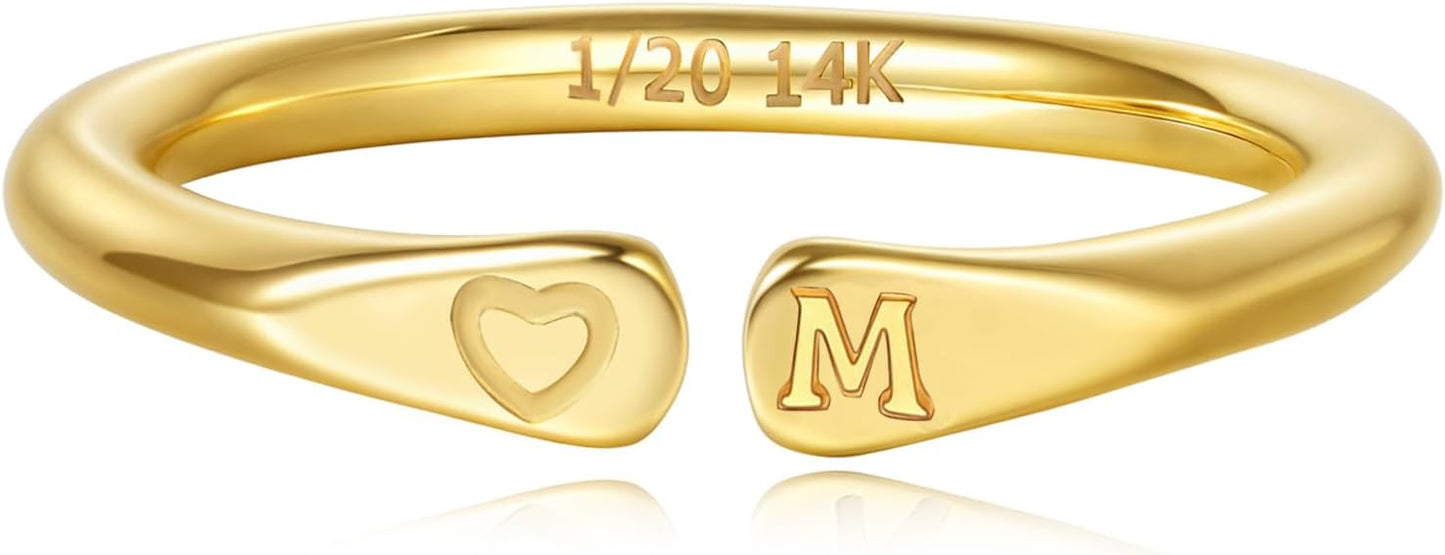 14k Gold Filled Hand Carving Initial Rings for Women Non Tarnish Wedding Heart Shaped Bands for Women
