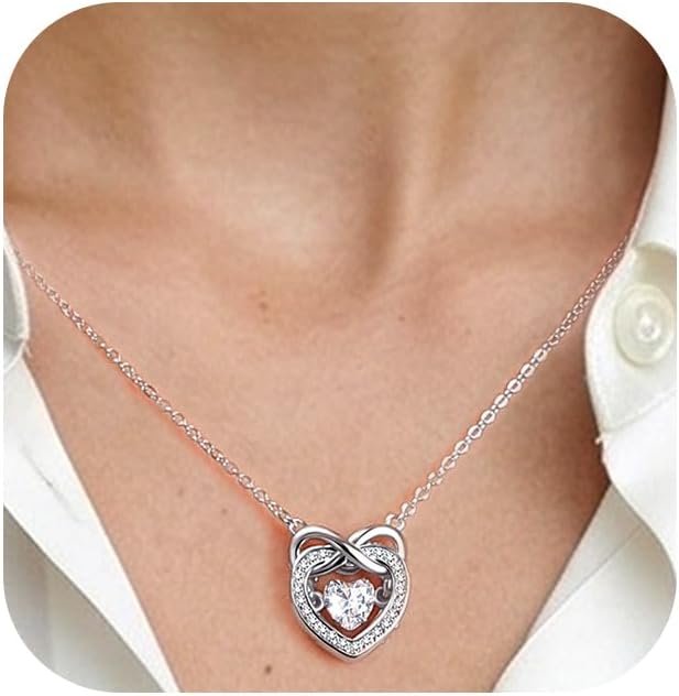 Trendy Dainty Infinity Birthstone Necklace, Dancing Heart 18K White Gold Plated 925 Sterling Silver Heart Necklace, Romantic Love Jewelry Graduation Gifts for Women Her
