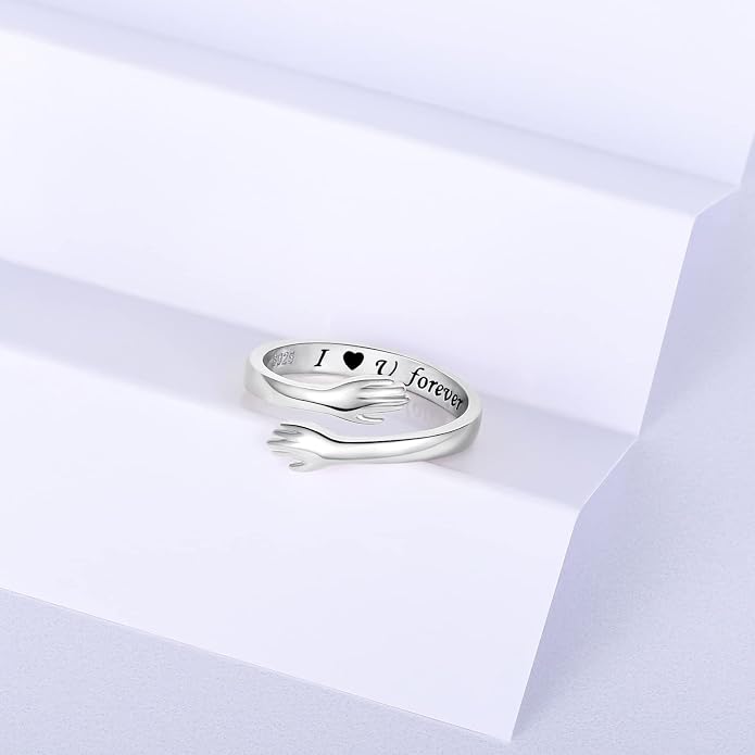 S925 Sterling Silver Hug Rings for Women Teen Girls Adjustable Ring for Granddaughter Daughter Hope Promise Friendship Hand Ring Jewelry for Birthday Graduation Christmas Mothers Day Valentines Gifts